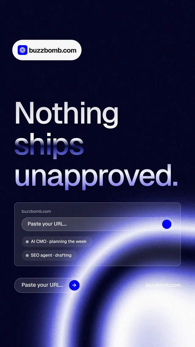 Instagram story for BuzzBomb: "Nothing ships unapproved." Agentic glass style, poster layout, dark palette in black, blue.