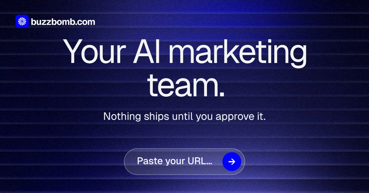 Social ad for BuzzBomb: "Your AI marketing team." Agentic glass style, centred layout, dark palette in black, blue, grey.