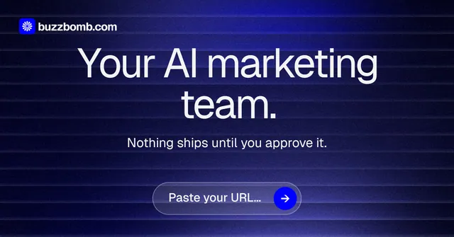 Social ad for BuzzBomb: "Your AI marketing team." Agentic glass style, centred layout, dark palette in black, blue, grey.
