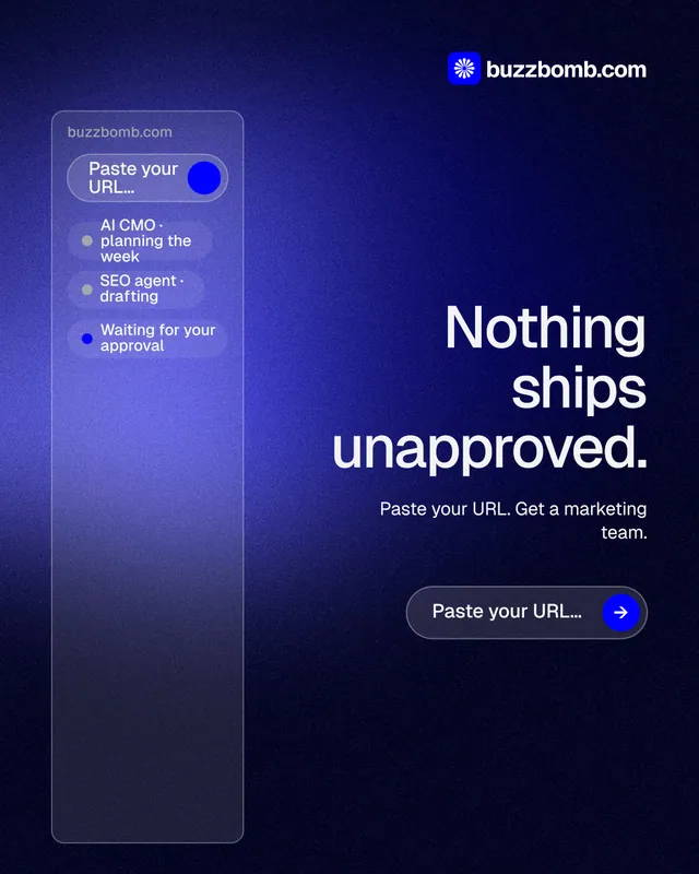 Instagram portrait post for BuzzBomb: "Nothing ships unapproved." Agentic glass style, right layout, dark palette in black, blue.