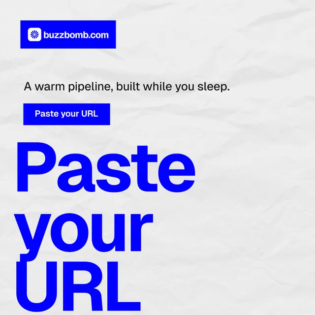 Instagram post for BuzzBomb: "Get a marketing team." Swiss style, oversized layout, light palette in white, blue.