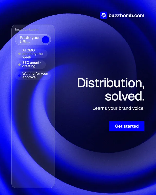 Instagram portrait post for BuzzBomb: "Distribution, solved." Swiss style, right layout, dark palette in black, blue.