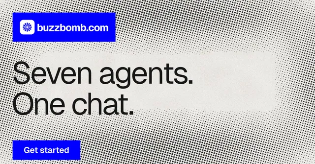 Social ad for BuzzBomb: "Seven agents. One chat." Swiss style, announce layout, light palette in grey, white, blue.