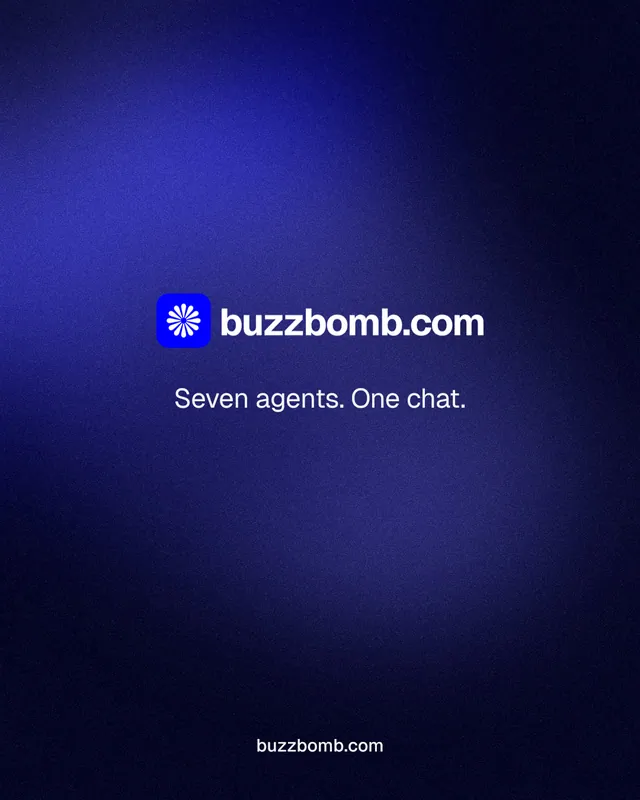 Instagram portrait post for BuzzBomb: "Seven agents. One chat." Agentic glass style, end card layout, dark palette in black, blue.