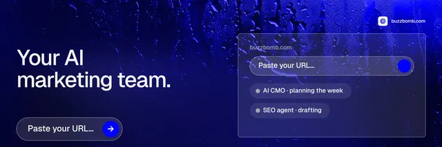 X header for BuzzBomb: "Your AI marketing team." Agentic glass style, bottom layout, dark palette in blue.