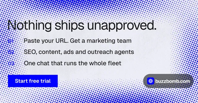 Social ad for BuzzBomb: "Nothing ships unapproved." Swiss style, numbered layout, light palette in blue, white.