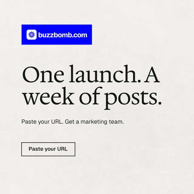 Instagram post for BuzzBomb: "One launch. A week of posts." Editorial style, announce layout, light palette in white, blue.