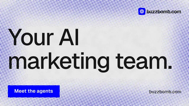 Landscape graphic for BuzzBomb: "Your AI marketing team." Swiss style, poster layout, light palette in blue, white.