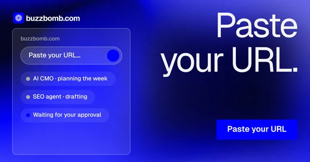 Social ad for BuzzBomb: "Paste your URL." Swiss style, right layout, dark palette in blue.