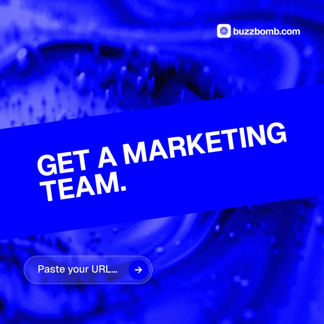 Instagram post for BuzzBomb: "Get a marketing team." Agentic glass style, diagonal layout, dark palette in blue.
