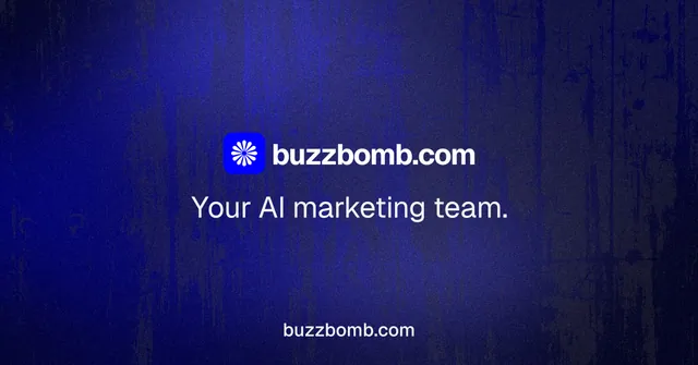 Social ad for BuzzBomb: "Your AI marketing team." Swiss style, end card layout, dark palette in blue.