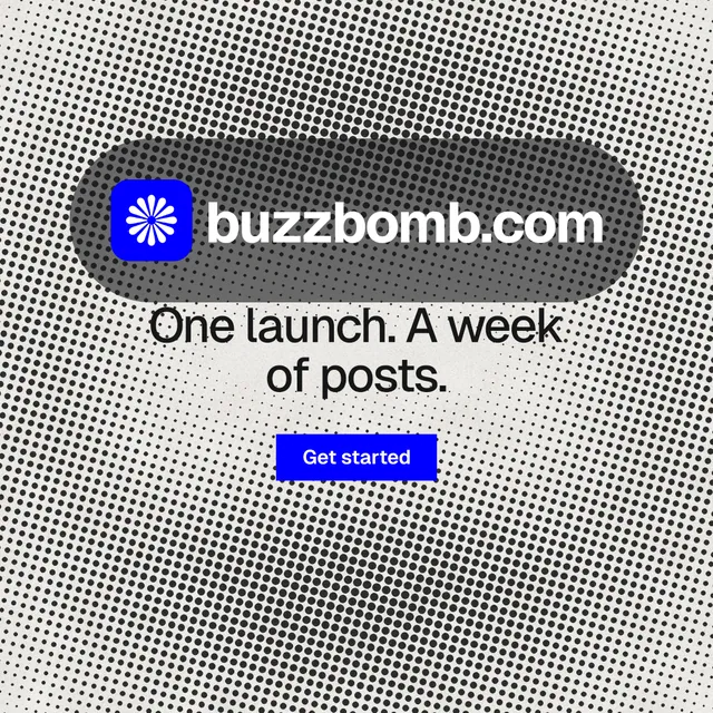 Instagram post for BuzzBomb: "One launch. A week of posts." Swiss style, logo hero layout, light palette in grey.