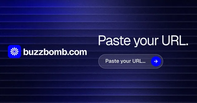 Social ad for BuzzBomb: "Paste your URL." Agentic glass style, logo hero layout, dark palette in black, blue.