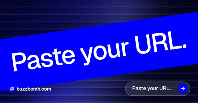 Social ad for BuzzBomb: "Paste your URL." Agentic glass style, diagonal layout, dark palette in blue.