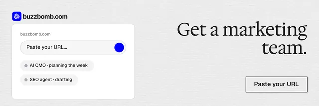 X header for BuzzBomb: "Get a marketing team." Editorial style, right layout, light palette in white, grey.