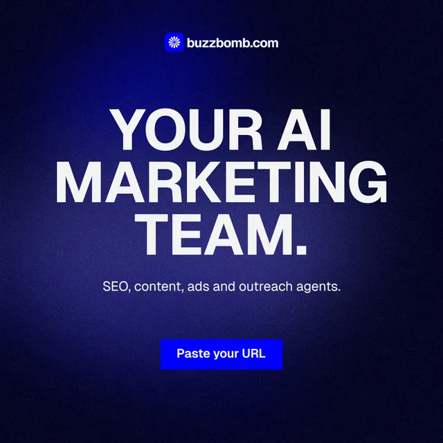 Instagram post for BuzzBomb: "Your AI marketing team." Swiss style, centred layout, dark palette in black, blue.
