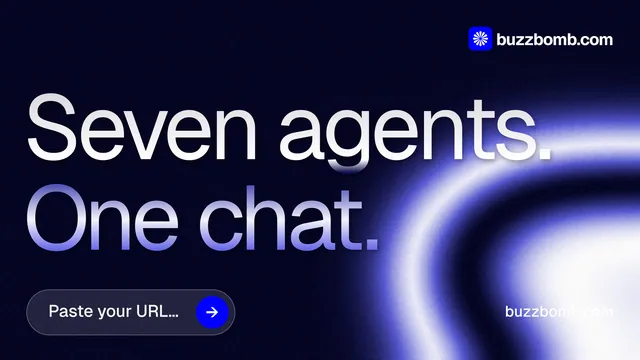 Landscape graphic for BuzzBomb: "Seven agents. One chat." Agentic glass style, poster layout, dark palette in black, blue.