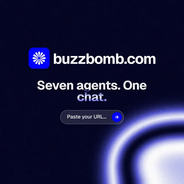 Instagram post for BuzzBomb: "Seven agents. One chat." Agentic glass style, logo hero layout, dark palette in black, blue.