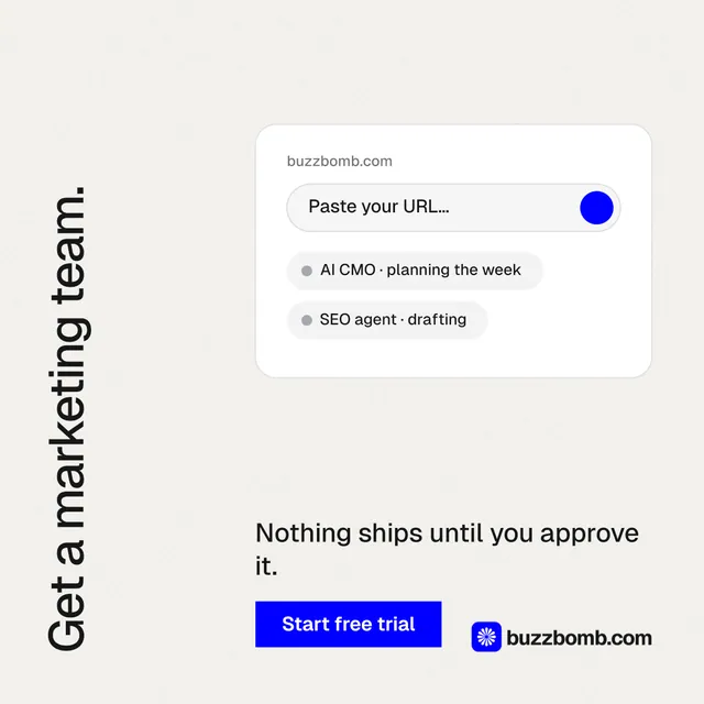 Instagram post for BuzzBomb: "Get a marketing team." Swiss style, vertical layout, light palette in white.