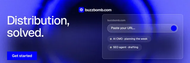 X header for BuzzBomb: "Distribution, solved." Swiss style, bottom layout, dark palette in blue.