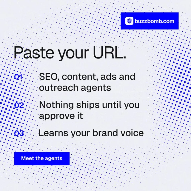 Instagram post for BuzzBomb: "Paste your URL." Split block style, numbered layout, light palette in blue, white.