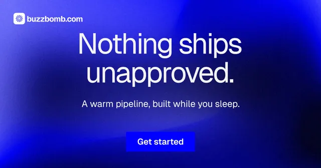 Social ad for BuzzBomb: "Nothing ships unapproved." Swiss style, centred layout, dark palette in blue.