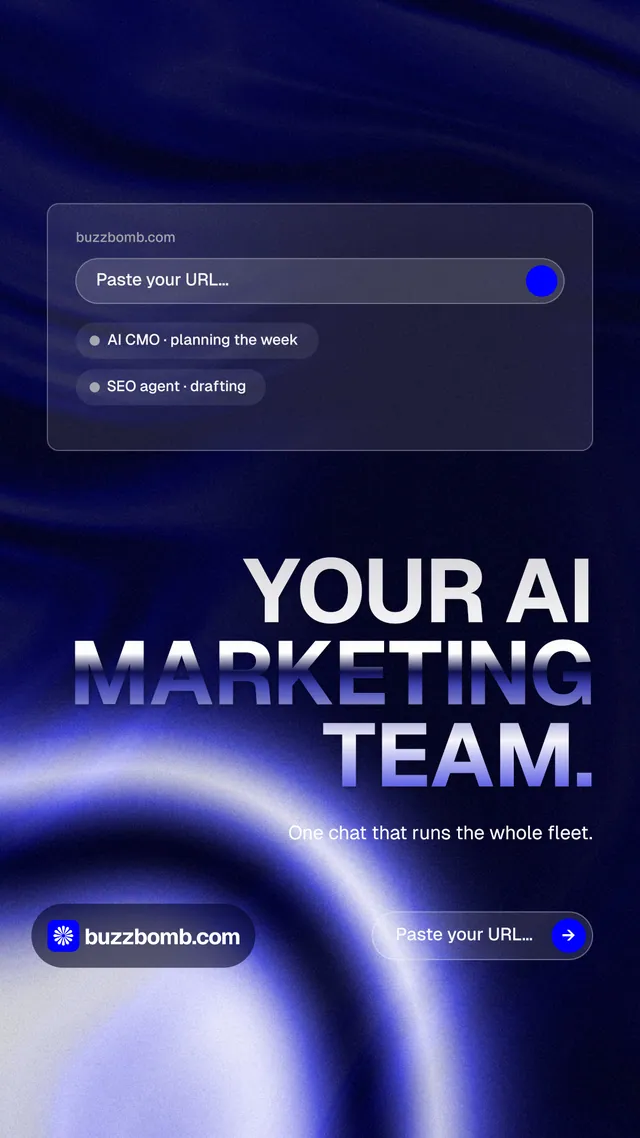 Instagram story for BuzzBomb: "Your AI marketing team." Agentic glass style, right layout, dark palette in blue, black.