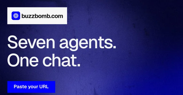 Social ad for BuzzBomb: "Seven agents. One chat." Swiss style, announce layout, dark palette in blue.