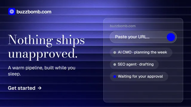 Landscape graphic for BuzzBomb: "Nothing ships unapproved." Minimal luxury style, bottom layout, dark palette in blue.
