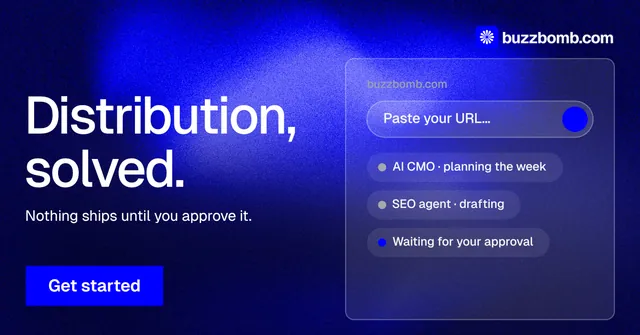 Social ad for BuzzBomb: "Distribution, solved." Swiss style, bottom layout, dark palette in blue.