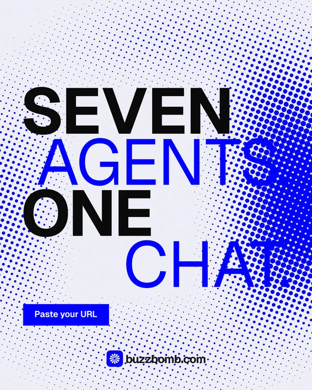 Instagram portrait post for BuzzBomb: "Seven agents. One chat." Swiss style, stacked layout, light palette in blue, white.