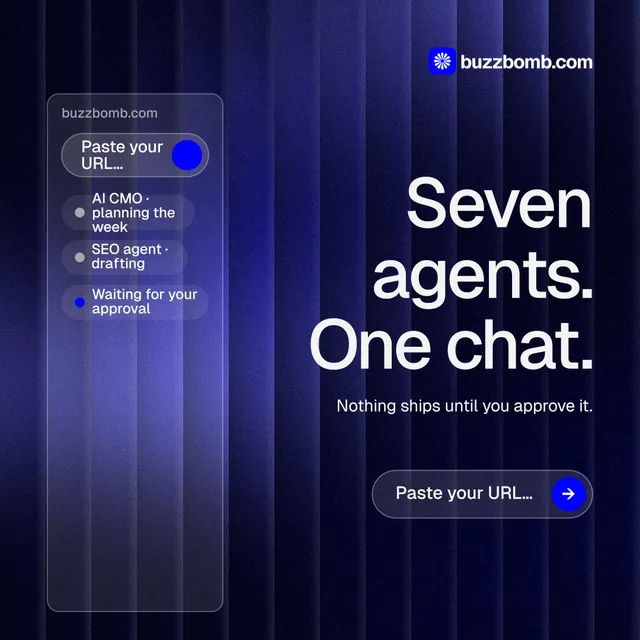 Instagram post for BuzzBomb: "Seven agents. One chat." Agentic glass style, right layout, dark palette in blue, black.