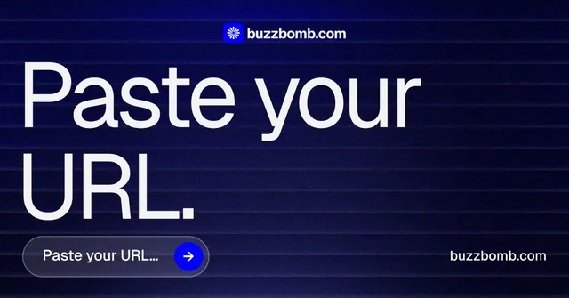 Social ad for BuzzBomb: "Paste your URL." Agentic glass style, poster layout, dark palette in black, blue, grey.