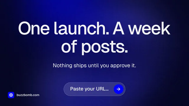 Landscape graphic for BuzzBomb: "One launch. A week of posts." Agentic glass style, centred layout, dark palette in black, blue.