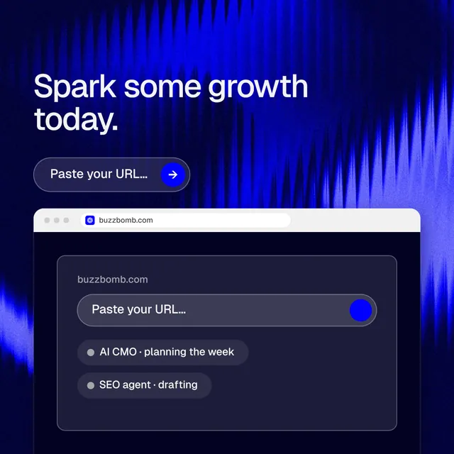 Instagram post for BuzzBomb: "Spark some growth today." Agentic glass style, browser layout, dark palette in black, blue.