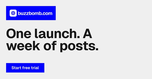 Social ad for BuzzBomb: "One launch. A week of posts." Swiss style, announce layout, light palette in white, blue.