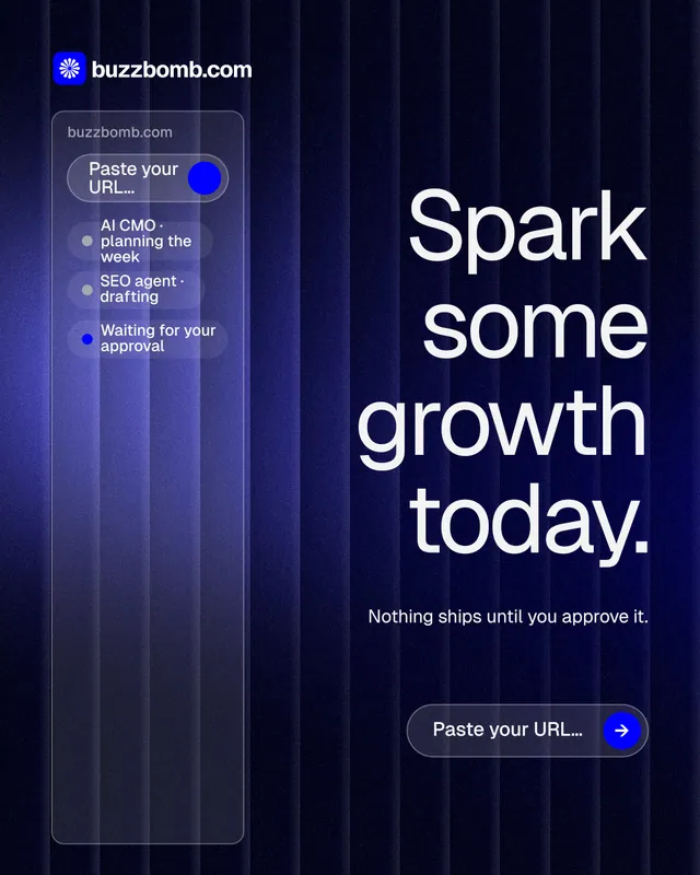 Instagram portrait post for BuzzBomb: "Spark some growth today." Agentic glass style, right layout, dark palette in black, blue, grey.