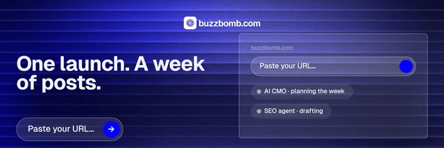 X header for BuzzBomb: "One launch. A week of posts." Agentic glass style, bottom layout, dark palette in blue.