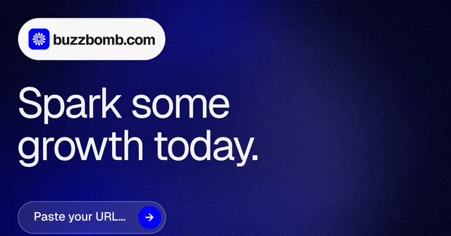 Social ad for BuzzBomb: "Spark some growth today." Agentic glass style, announce layout, dark palette in blue, black, grey.