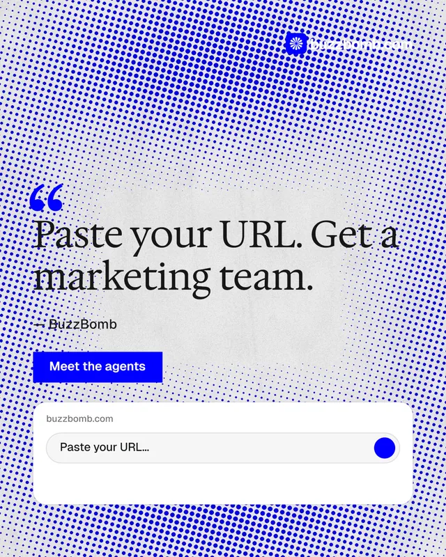 Instagram portrait post for BuzzBomb: "Spark some growth today." Swiss style, quote layout, light palette in blue, white.