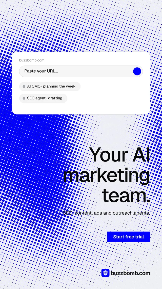 Instagram story for BuzzBomb: "Your AI marketing team." Swiss style, right layout, light palette in blue, white.