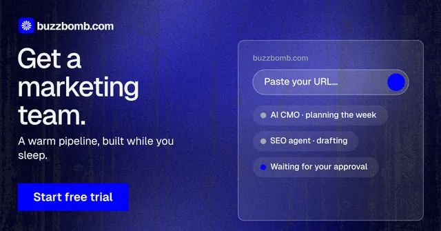 Social ad for BuzzBomb: "Get a marketing team." Swiss style, bottom layout, dark palette in blue.