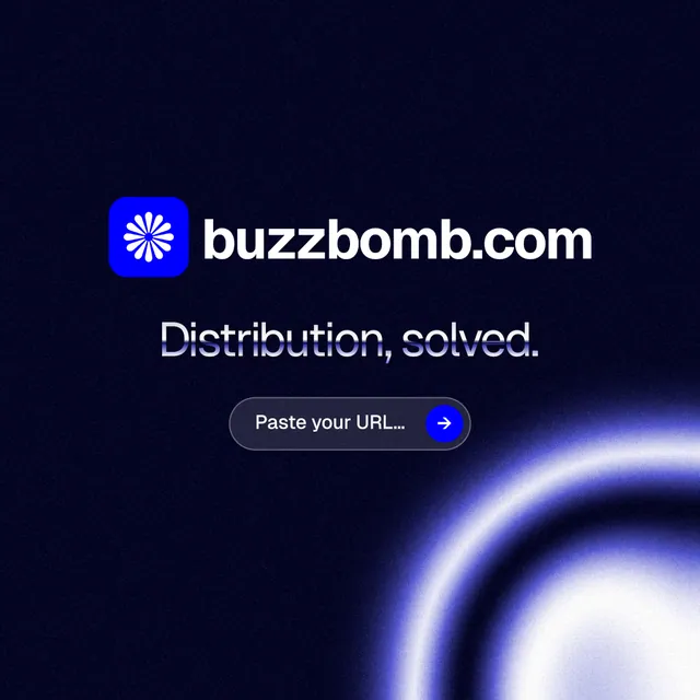 Instagram post for BuzzBomb: "Distribution, solved." Agentic glass style, logo hero layout, dark palette in black, blue.