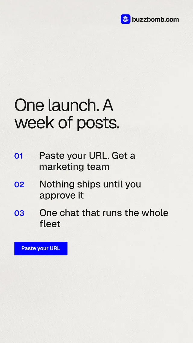Instagram story for BuzzBomb: "One launch. A week of posts." Swiss style, numbered layout, light palette in white, grey.