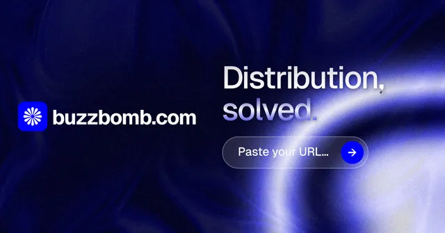 Social ad for BuzzBomb: "Distribution, solved." Agentic glass style, logo hero layout, dark palette in blue, black.