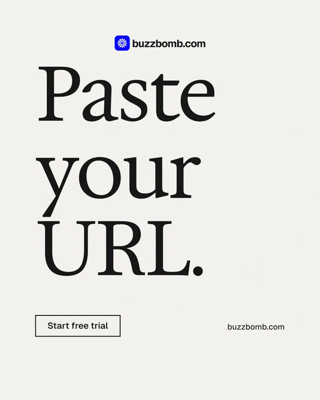 Instagram portrait post for BuzzBomb: "Paste your URL." Editorial style, poster layout, light palette in white, grey.