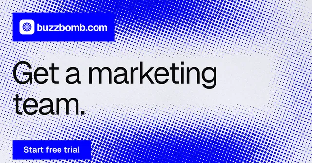 Social ad for BuzzBomb: "Get a marketing team." Swiss style, announce layout, light palette in blue, white.