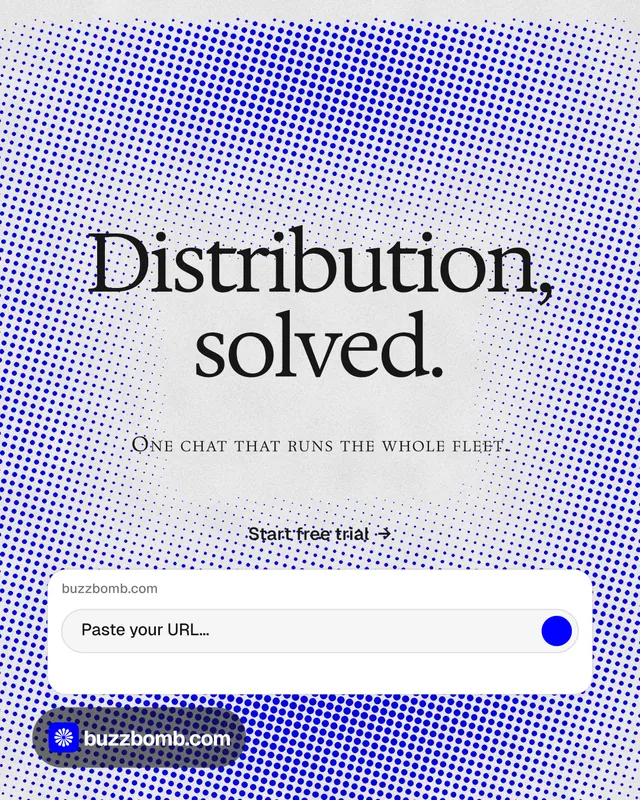 Instagram portrait post for BuzzBomb: "Distribution, solved." Swiss style, smallcaps layout, light palette in blue, white.
