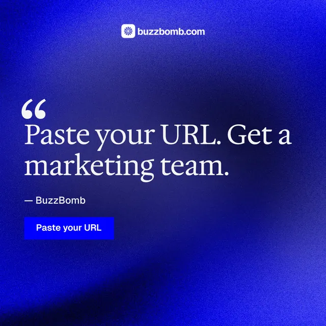 Instagram post for BuzzBomb: "Distribution, solved." Swiss style, quote layout, dark palette in blue.