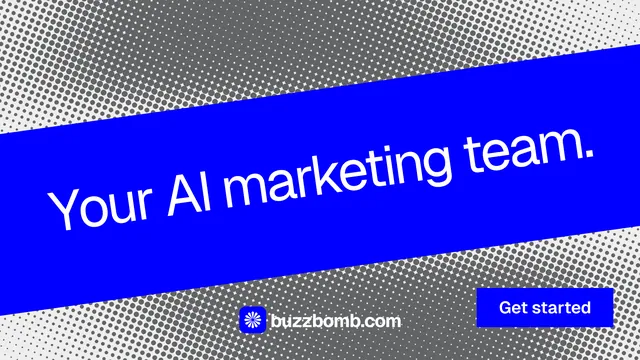 Landscape graphic for BuzzBomb: "Your AI marketing team." Swiss style, diagonal layout, dark palette in blue, grey.